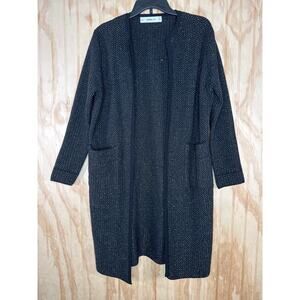 Zara Black Silver Metallic Knit Open Cardigan Size Small Long Pockets Side Slits